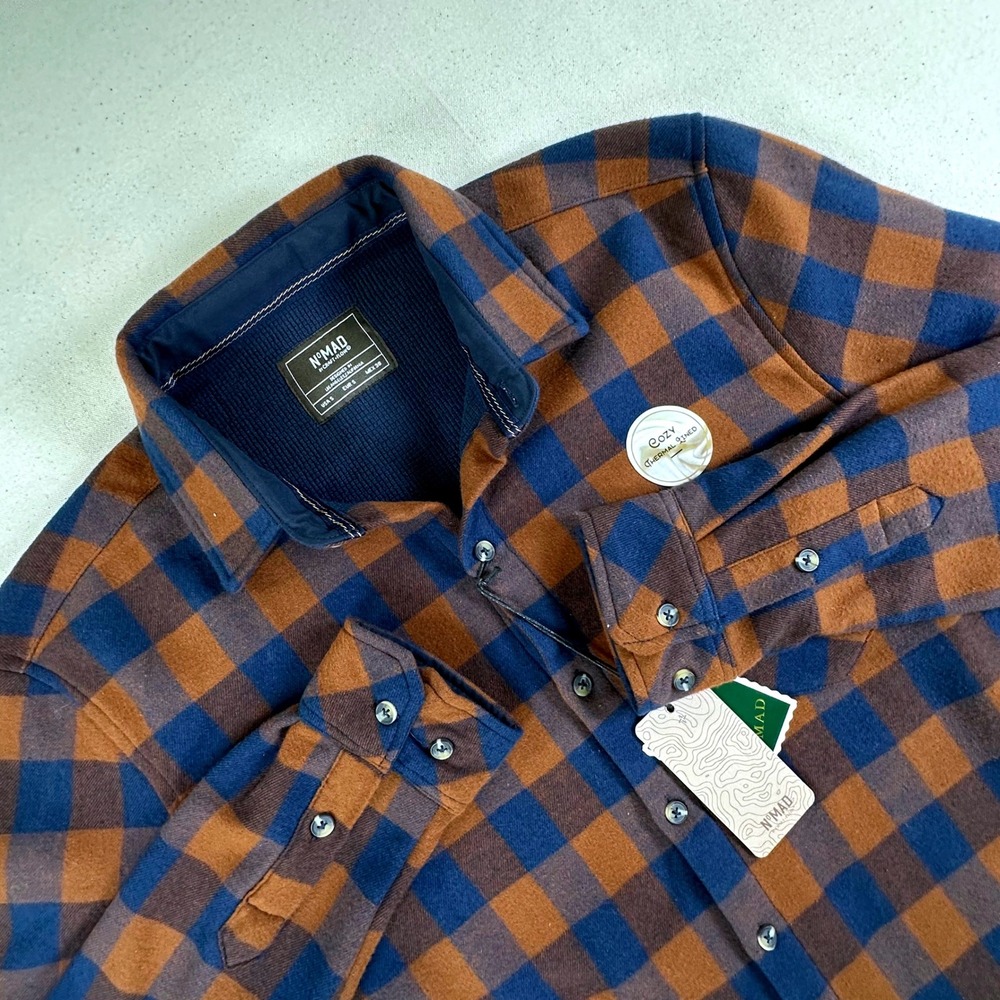 Nomad by Craft + Flow Mens Sierra Thermal Lined Flannel Shirt Navy Tan Small NWT
